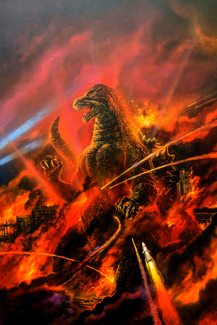 bob_eggleton building city destruction dinosaur epic fire godzilla godzilla_(series) godzilla_vs._king_ghidorah highres kaiju military missile no_humans official_art orange_eyes sea_monster searchlight sharp_teeth skyscraper smoke spikes spotlight tail teeth toho tongue war