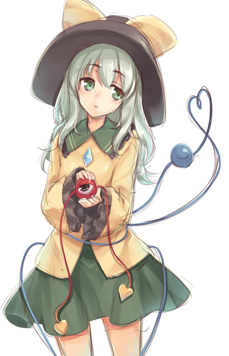 1girl black_hat bow cowboy_shot female_focus green_eyes green_hair green_skirt hat hat_bow heart heart_of_string highres holding komeiji_koishi long_hair long_sleeves looking_to_the_side oborofu sidelocks simple_background skirt solo third_eye touhou white_background yellow_bow