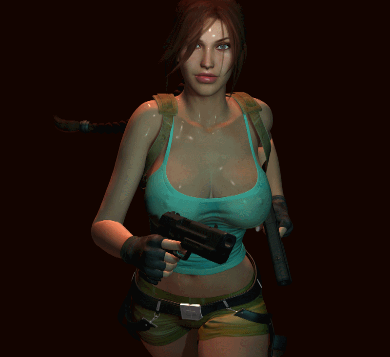 lara croft, tomb raider, animated, animated gif, 3d, blue eyes, bouncing  breasts, breasts, brown hair, cleavage, covered erect nipples, dual  wielding, handgun, holding, holster, large breasts, midriff, navel, pistol,  running, short shorts