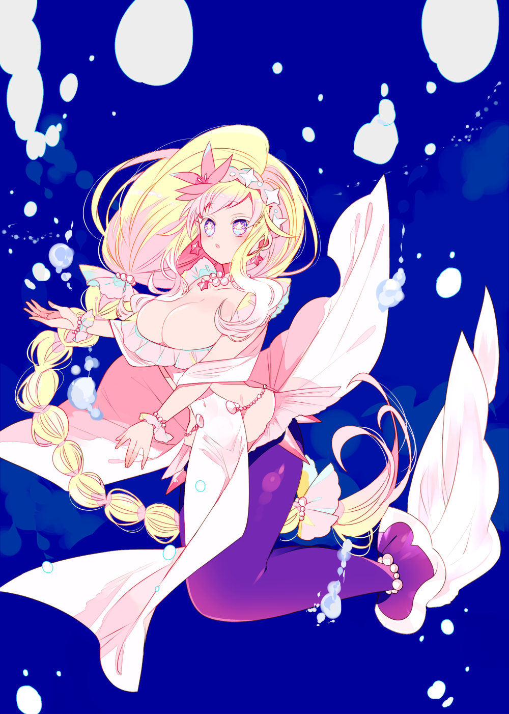 1girl air_bubble blonde_hair blue_background breasts bubble covered_navel creatures_(company) dress earrings full_body game_freak gen_7_pokemon hairband highres huge_breasts jewelry long_braid long_hair mermaid monster_girl necklace nintendo pearl_necklace personification pokemon primarina solo star_(symbol) star_earrings underwater very_long_hair white_dress yuzu_ichika