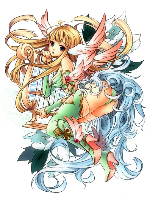 1girl ass awata_mokane blonde_hair blue_eyes from_side full_body gradient_wings harp head_wings holding holding_harp holding_instrument instrument long_hair looking_at_viewer multicolored_wings original simple_background solo white_background wings