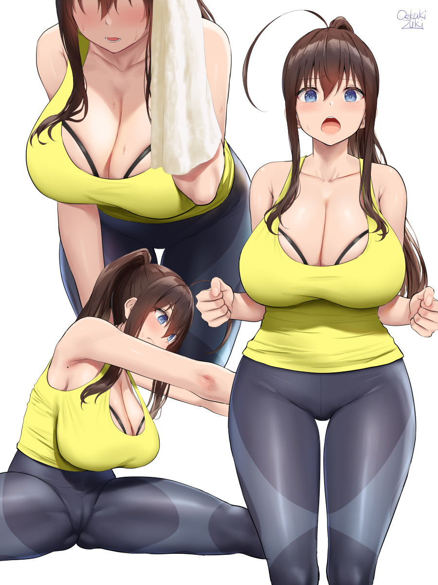 1girl ahoge armpit_peek armpits artist_name bare_shoulders black_pants blue_eyes blush breasts brown_hair cameltoe cleavage clenched_hand hair_between_eyes huge_ahoge large_breasts long_hair mole mole_on_armpit multiple_views oekakizuki open_mouth original pants ponytail shirt sidelocks skin_tight solo spread_legs stretching sweat tank_top teeth thigh_gap thighs towel white_background wiping_sweat yellow_shirt yellow_tank_top