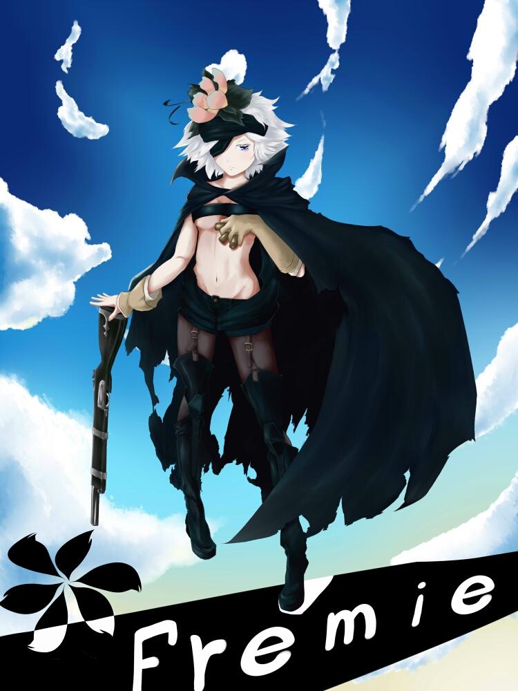 10s 1girl blue_eyes breasts bullet cape character_name eyepatch female_focus flamie_speeddraw flower gloves gun hair_flower hair_ornament hairband looking_at_viewer midriff navel pantyhose rokka_no_yuusha short_hair simple_background sky small_breasts solo thighhighs weapon white_hair