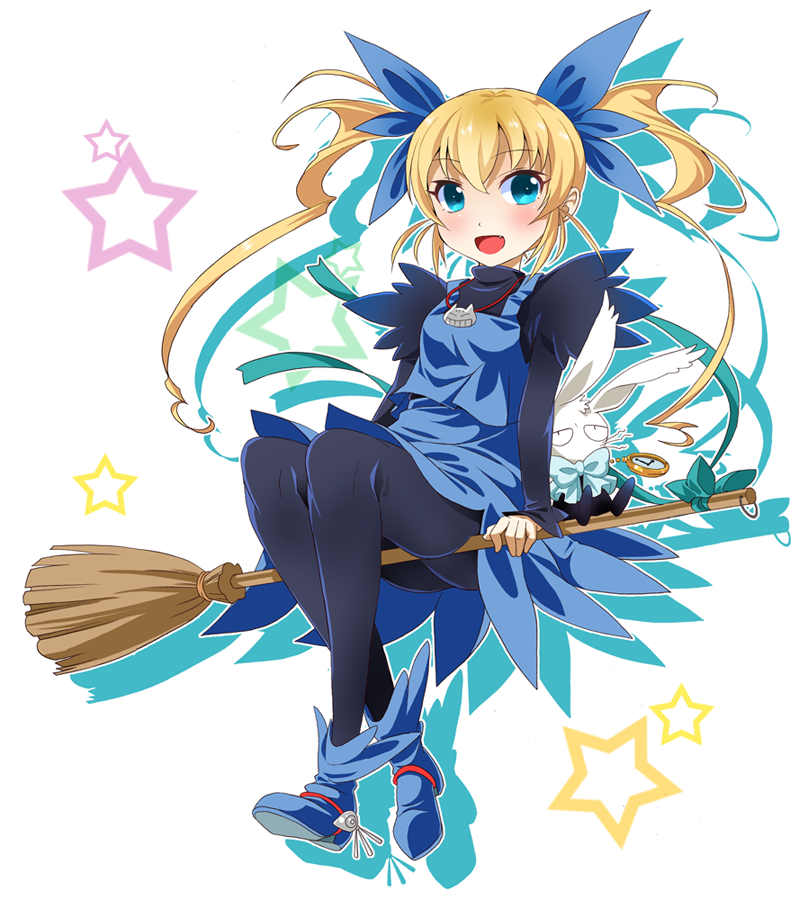 1girl bad_id bad_pixiv_id black_pantyhose blonde_hair blue_eyes blue_skirt blush broom broom_riding creature female_focus full_body gunbird hair_ribbon jewelry long_hair marion necklace pantyhose pomupomu ratryu ribbon shoes skirt smile solo star_(symbol) twintails white_background