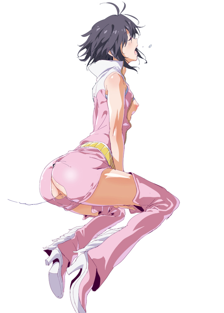 1girl antenna_hair ass ass_cutout bad_id bad_pixiv_id bare_shoulders black_hair boots breasts closed_eyes clothing_cutout female_focus full_body high_heels idolmaster idolmaster_(classic) kikuchi_makoto pussy shino_(comic_penguin_club) small_breasts solo thigh_boots thighhighs uncensored white_background