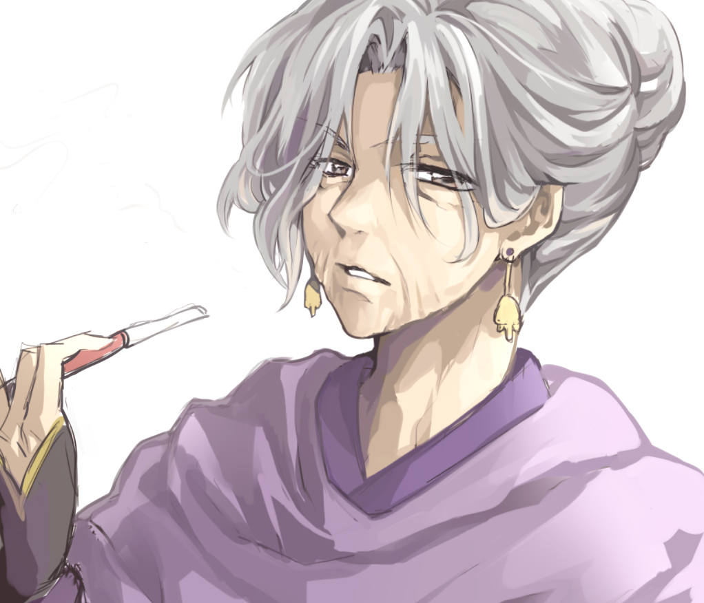 1girl akatsuki_no_yona brown_eyes earrings female_focus gi-gan_(akatsuki_no_yona) grey_hair jewelry jin_(phoenixpear) old old_woman simple_background smoking_pipe solo white_background