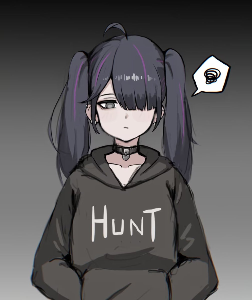 black_eyes black_hair black_hoodie confused crossdressing earrings expressionless hand_in_pocket highres hood hoodie jewelry original purple_hair rbq_lilim speech_bubble