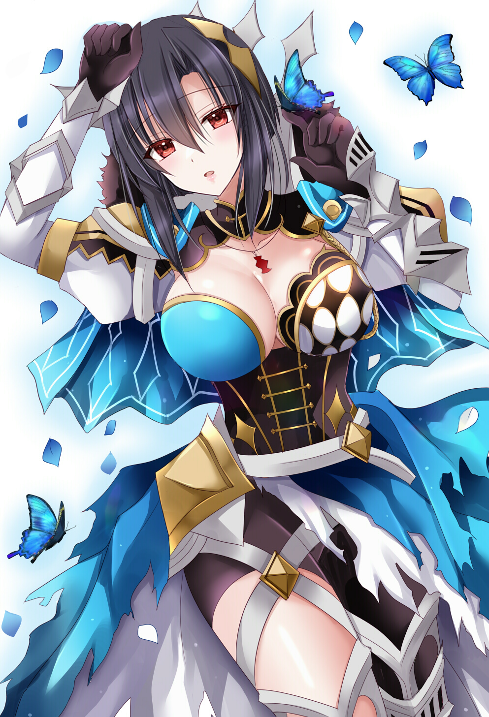 1girl animal arm_up black_gloves black_hair breasts bug butterfly cleavage commentary_request fire_emblem fire_emblem_engage gloves hair_between_eyes highres insect kirishima_riona large_breasts looking_at_viewer nel_(fire_emblem) nintendo parted_bangs parted_lips petals puffy_short_sleeves puffy_sleeves red_eyes short_sleeves single_hair_intake solo vambraces