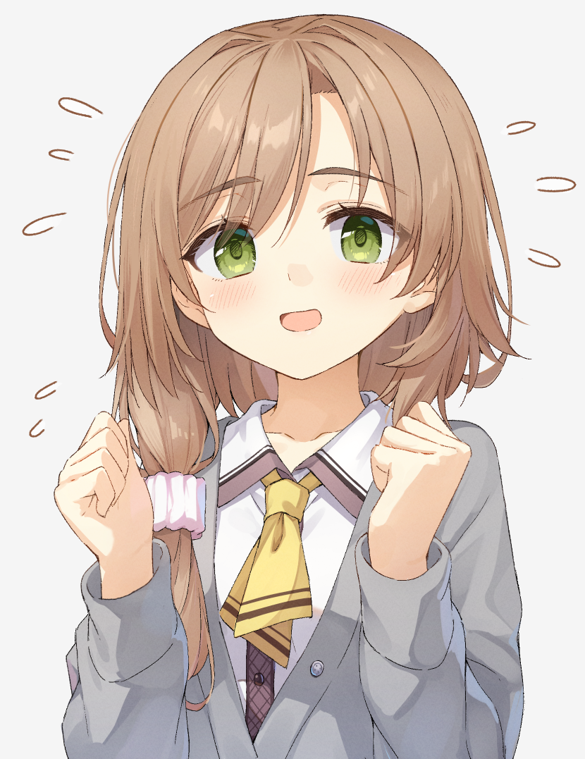 1girl :d blush brown_hair cardigan clenched_hands cofetaru collared_shirt commentary eyelashes eyes_visible_through_hair flying_sweatdrops green_eyes grey_cardigan hair_intakes hair_ornament hair_scrunchie hands_up happy long_hair long_sleeves looking_at_viewer low_side_ponytail mikuni_sairi neckerchief open_mouth pink_scrunchie school_uniform scrunchie shirt simple_background smile solo swept_bangs tenshi_souzou_re-boot! thick_eyebrows tsurime upper_body white_background white_shirt yellow_neckerchief