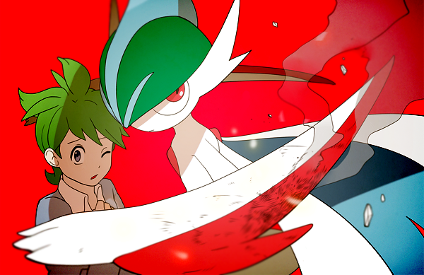 1boy blurry cardigan collared_shirt commentary_request creatures_(company) gallade game_freak gen_4_pokemon green_hair grey_cardigan grey_eyes hand_up jaho male_focus mega_gallade mega_pokemon nintendo one_eye_closed pokemon pokemon_(creature) pokemon_oras red_background shirt short_hair simple_background wally_(pokemon) white_shirt