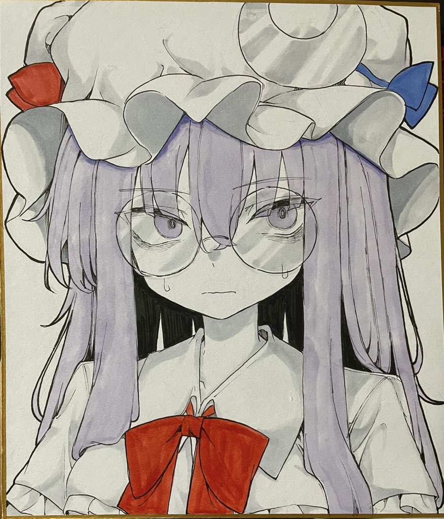 1girl bow bowtie commentary_request crescent crescent_hair_ornament glasses hair_ornament hat hisha_(kan_moko) long_hair looking_to_the_side marker_(medium) mob_cap patchouli_knowledge purple_eyes purple_hair round_eyewear solo sweat touhou traditional_media