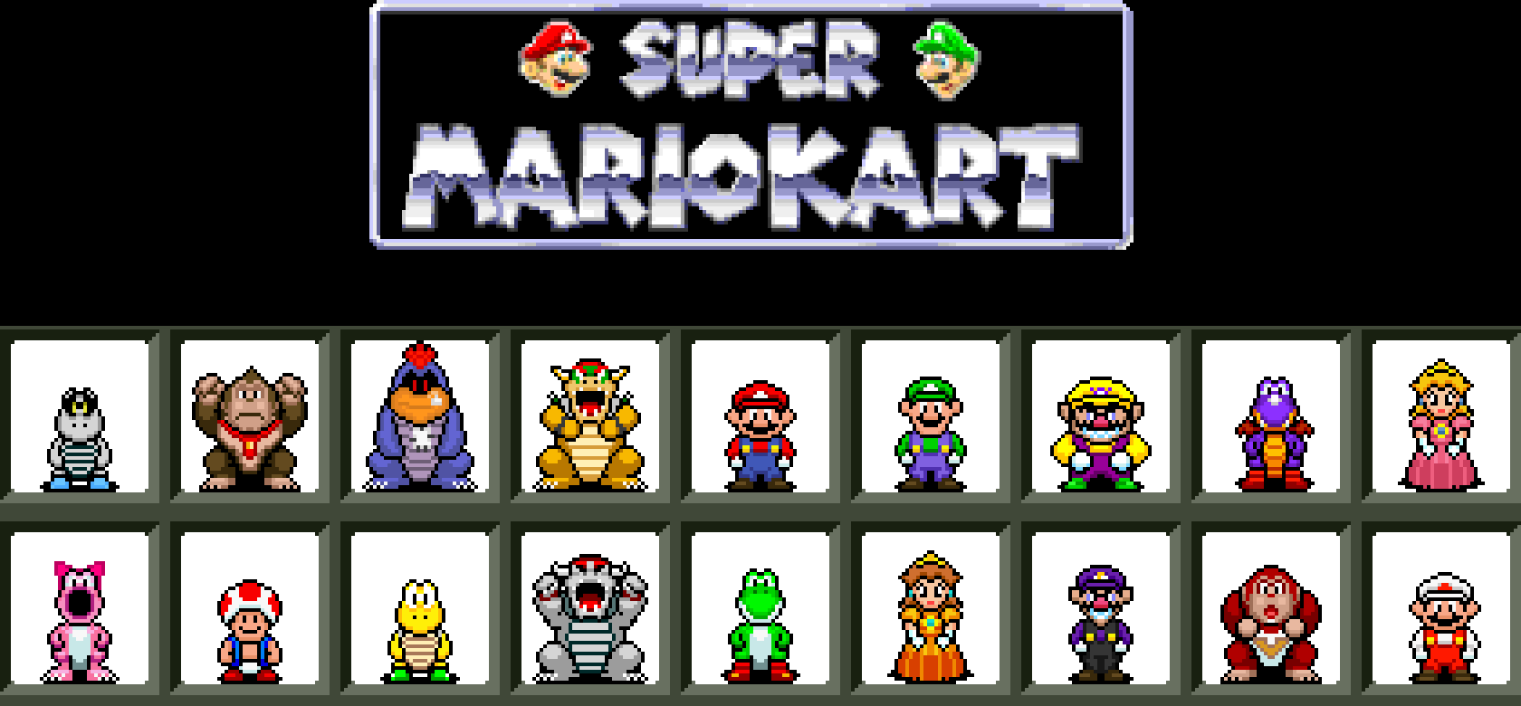 birdo bowser brown_hair colored_skin creature donkey_kong donkey_kong_(series) donkey_kong_jr. dress dry_bones dry_bowser elbow_gloves facial_hair gloves green_skin grey_skin highres horns koopa_troopa luigi mario mario_(series) mario_kart multiple_boys multiple_girls mustache nintendo overalls pink_dress pink_skin pixel_art princess princess_daisy princess_peach rex_(mario) smile super_mario_bros._1 super_mario_land toad_(mario) tubba_blubba waluigi wario wings yellow_skin yoshi