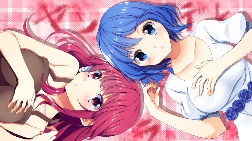 2girls bad_id bad_pixiv_id bare_shoulders blue_eyes blue_flower blue_hair blue_rose blunt_bangs blush breasts dress flower hand_on_own_chest hinata_(yanderella) honoka_(yanderella) long_hair looking_at_viewer medium_breasts multiple_girls pink_eyes pink_hair rose short_hair sleeveless white_dress yanderella yappen yatsu_(sasuraino)