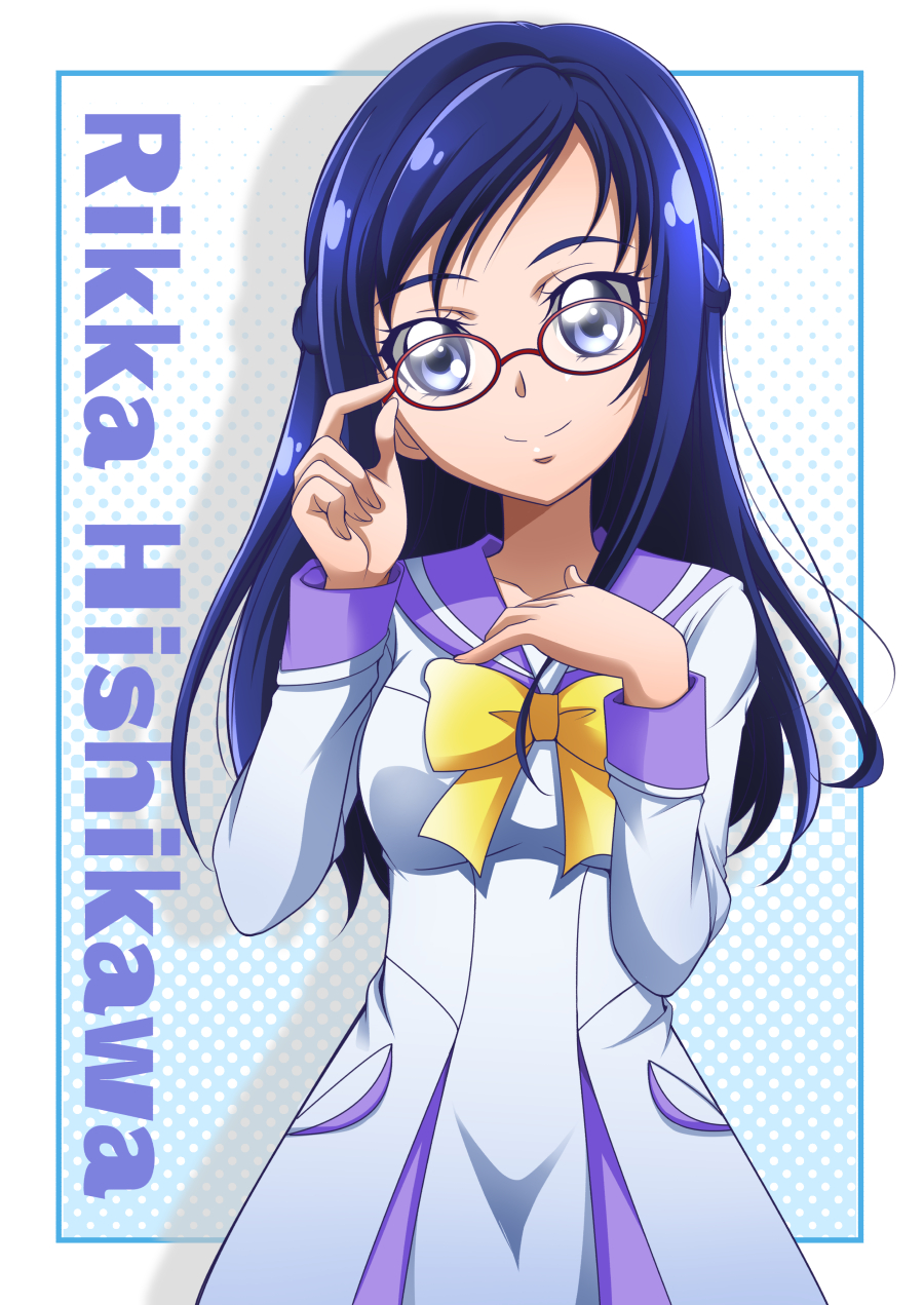 1girl adjusting_eyewear blue_eyes blue_hair braid character_name closed_mouth dokidoki!_precure dress french_braid glasses hanzou highres hishikawa_rikka long_hair long_sleeves looking_at_viewer oogai_daiichi_middle_school_uniform precure purple_sailor_collar red-framed_eyewear sailor_collar sailor_dress school_uniform smile solo standing white_dress yellow_neckwear