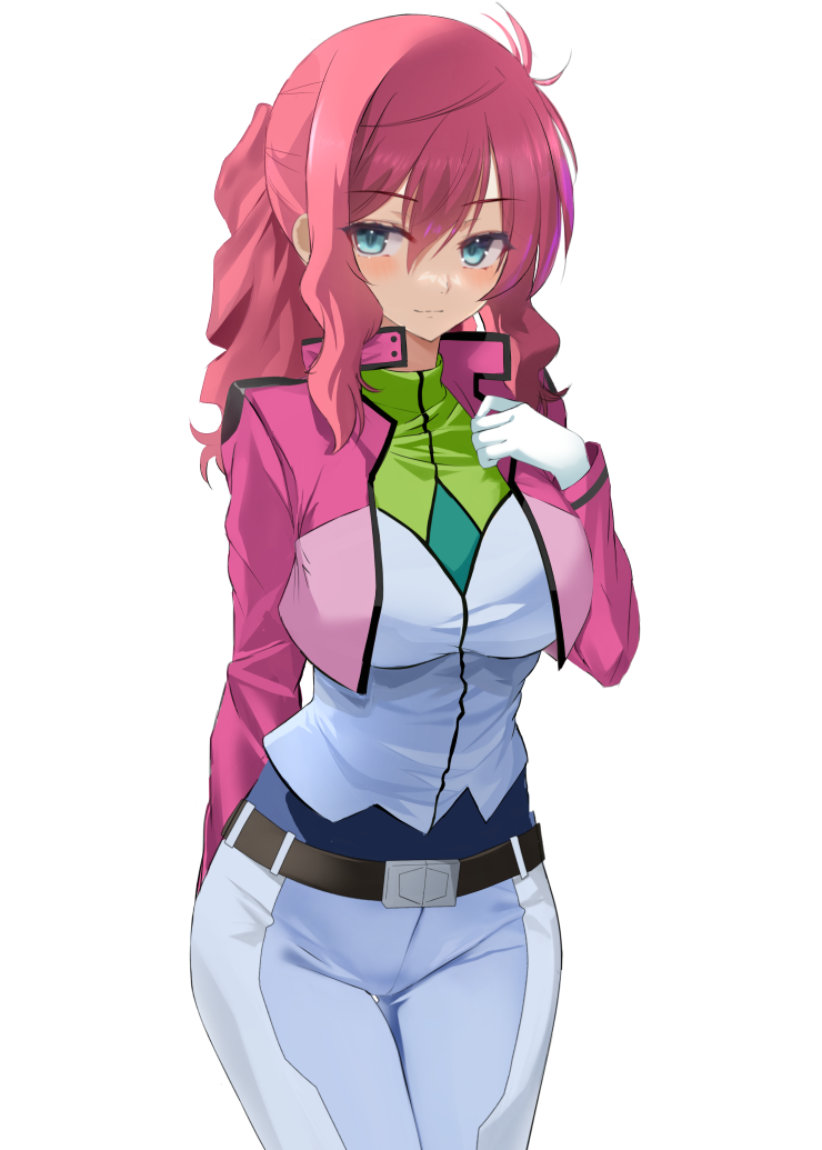 1girl black_footwear blue_eyes blush closed_mouth cowboy_shot feldt_grace gundam gundam_00 hair_between_eyes jacket kesoshirou long_hair looking_at_viewer open_clothes open_jacket pants pink_hair pink_jacket shoes simple_background smile solo white_background white_pants