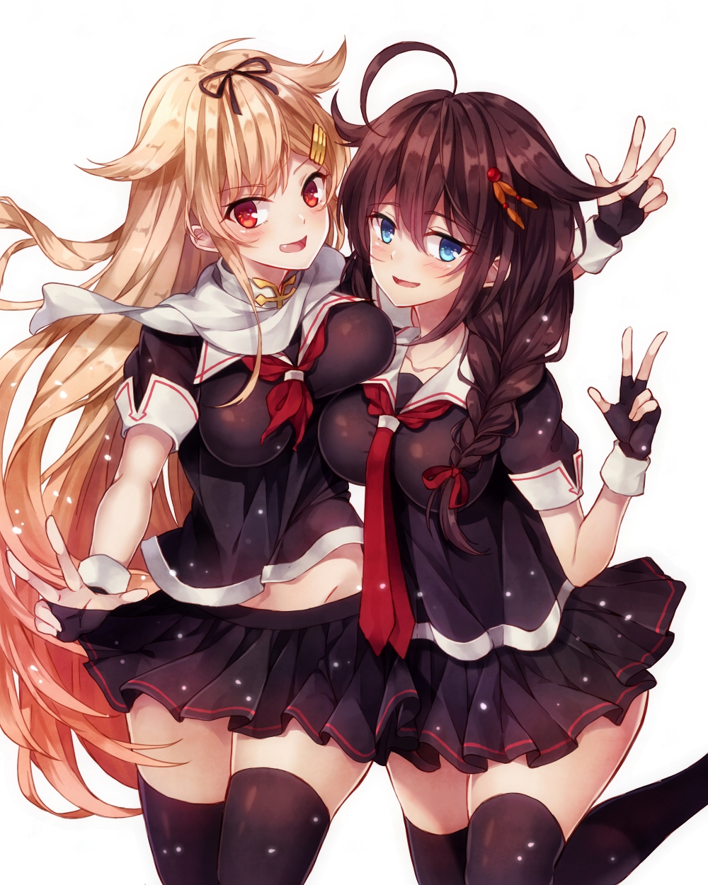 2girls black_hair black_ribbon black_serafuku blonde_hair blue_eyes blush braid breasts fingerless_gloves gloves gradient_hair hair_between_eyes hair_flaps hair_ornament hair_over_shoulder hair_ribbon hairclip highres kantai_collection large_breasts long_hair messy_hair multicolored_hair multiple_girls open_mouth pleated_skirt red_eyes red_neckwear ribbon runako school_uniform serafuku shigure_(kancolle) single_braid skirt small_breasts straight_hair thighhighs v very_long_hair yuudachi_(kancolle) zettai_ryouiki