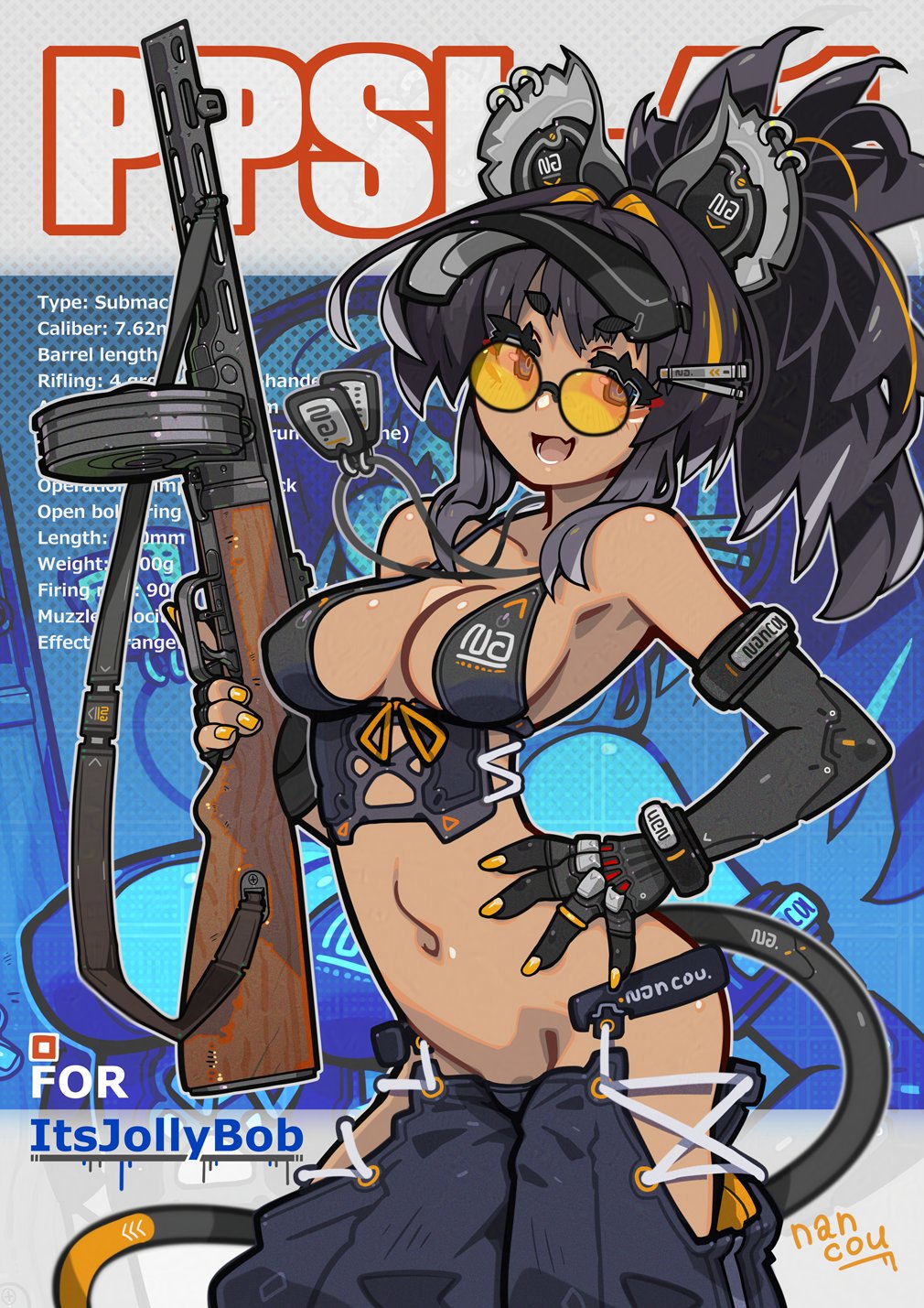 1girl animal_ear_piercing animal_ears artist_name bare_shoulders bikini black_bikini black_gloves black_hair blonde_hair breasts character_request clothing_request commission copyright_request dark-skinned_female dark_skin dog_tags elbow_gloves fang fingerless_gloves fingernails glasses gloves gun hair_intakes hair_ornament hairclip hand_on_own_hip highres holding holding_gun holding_weapon long_hair looking_at_viewer lower_teeth_only medium_breasts mouse_ears mouse_girl mouse_tail multicolored_hair nail_polish nancou_(nankou) navel open_mouth ppsh-41 round_eyewear skin_fang solo streaked_hair submachine_gun swimsuit tail teeth tinted_eyewear visor_cap weapon yellow_nails