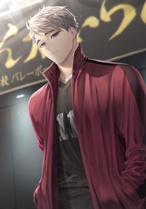 1boy closed_mouth eyebrows grey_eyes grey_hair haikyuu!! hands_in_pockets hemoon jacket looking_at_viewer male_focus miya_osamu multicolored_hair open_clothes open_jacket short_hair solo sportswear standing track_jacket two-tone_hair volleyball_uniform