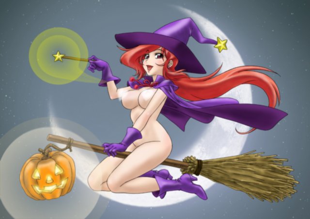 1girl boots breasts broom cape censored commentary_request crescent_moon gloves hat heart heart_censor high_heel_boots high_heels holding holding_broom holding_wand jack-o&#039;-lantern large_breasts long_hair moon natsumi_jinno nude purple_cape purple_eyes purple_gloves red_hair solo star_(symbol) star_jewel wand witch_hat yoshiten