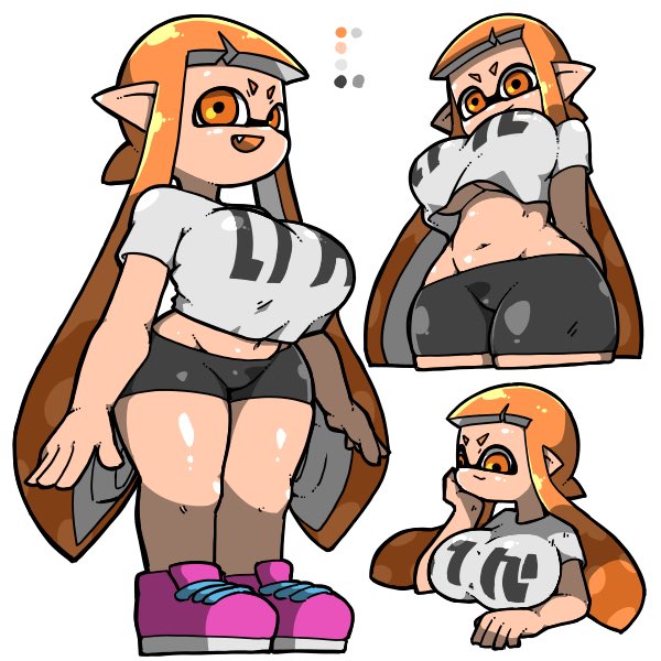 1girl :d bike_shorts black_shorts breasts color_guide fang groin inkling inkling_girl inkling_player_character large_breasts long_hair name_omoitukan2 navel nintendo open_mouth orange_eyes orange_hair pink_footwear pointy_ears shiny_skin shoes short_sleeves shorts simple_background smile splatoon_(series) tentacle_hair underboob white_background