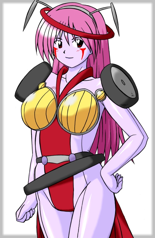 1990s_(style) 1girl android antennae bad_id breasts cleavage colored_skin female_focus hand_on_own_hip large_breasts long_hair pink_hair primarda purple_skin red_eyes retro_artstyle smile solo steering_wheel tire windshield_wiper yuusha_ou_gaogaigar yuusha_series