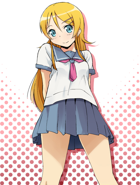 aqua_eyes blonde_hair katatsuka_kouji kousaka_kirino long_hair ore_no_imouto_ga_konna_ni_kawaii_wake_ga_nai school_uniform serafuku smile solo