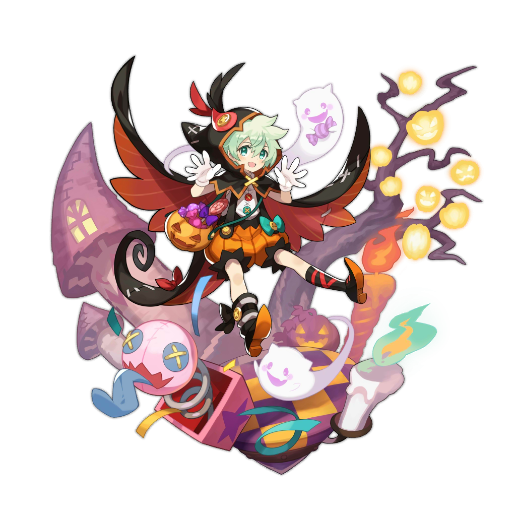 1boy asymmetrical_clothes asymmetrical_legwear buttons candle checkered_floor cloak dragalia_lost fang full_body ghost ghost_tail gloves green_eyes green_hair halloween halloween_costume hood hooded_cloak jack-in-the-box jack-o&#039;-lantern jack-in-the-box looking_at_viewer lowen_(dragalia_lost) male_focus non-web_source official_art open_hands open_mouth puffy_shorts pumpkin ribbon saitou_naoki shorts smile solo transparent_background tree uneven_legwear window