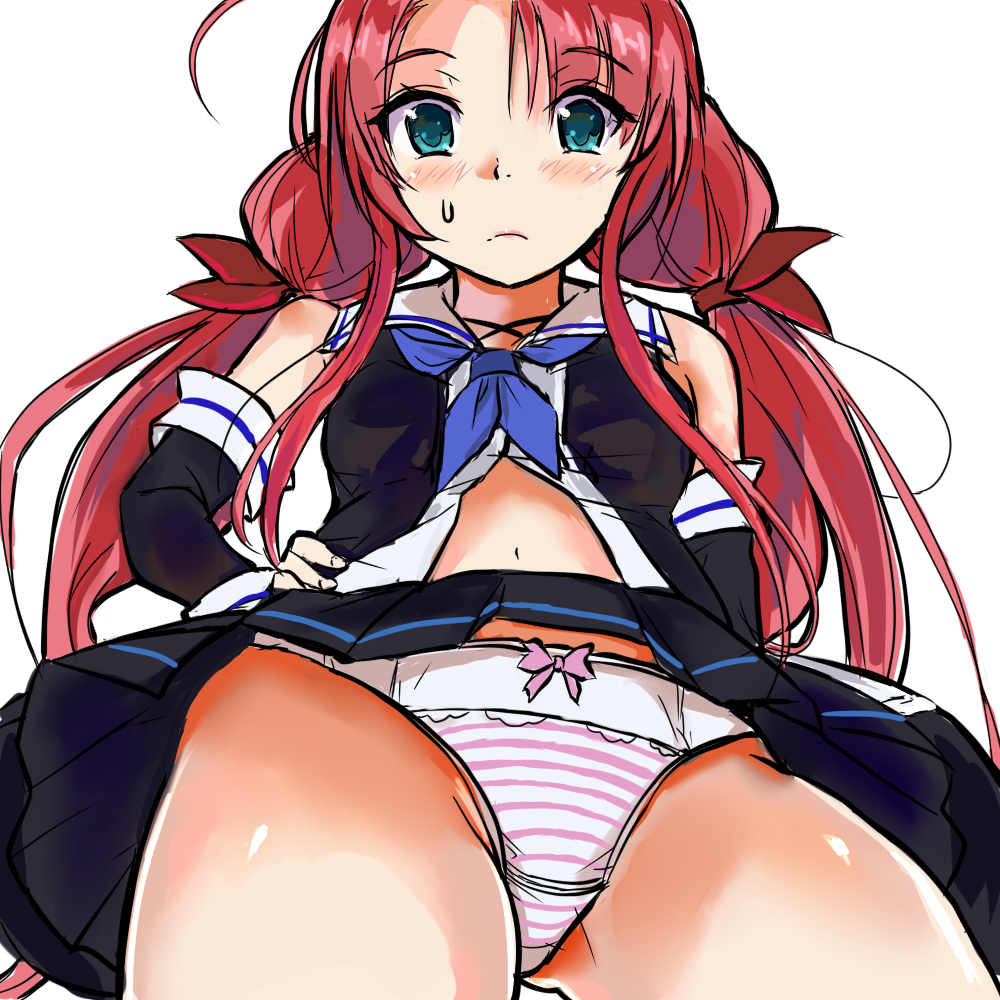 10s 1girl aqua_eyes bare_shoulders blush detached_sleeves female_focus hair_ribbon hand_on_own_hip kantai_collection kawakaze_(kancolle) looking_back low_twintails panties pantyshot red_hair ribbon solo standing striped_clothes striped_panties takahiro_(rikky) twintails underwear upskirt