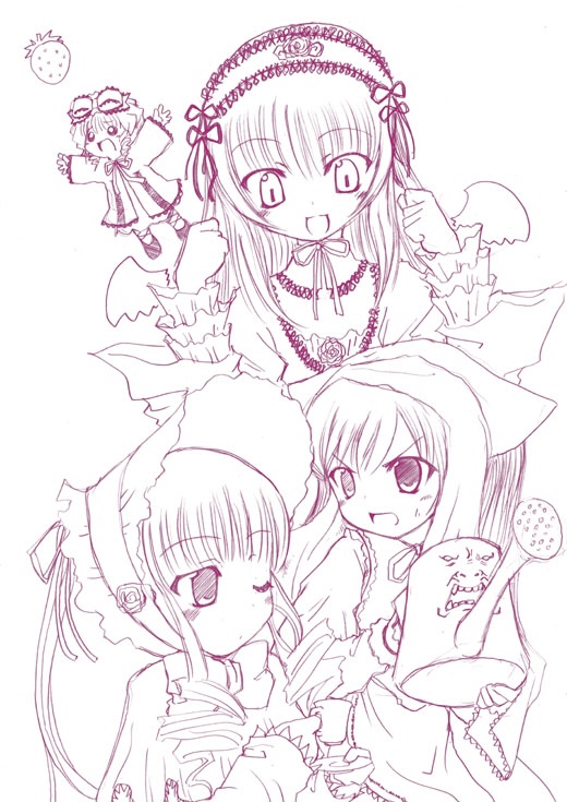 00s 3girls :d cup food fruit heterochromia monochrome multiple_girls o_o one_eye_closed open_mouth purple_theme rozen_maiden shinku smile straightchromia strawberry suigintou suiseiseki teacup watering_can