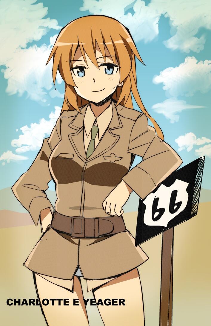 1girl belt blue_eyes blue_sky blush bottomless character_name charlotte_e._yeager cloud collared_shirt day elbow_rest female_focus glastonbury1966 hand_on_own_hip jpeg_artifacts long_hair long_sleeves military military_uniform necktie orange_hair outdoors road_sign route_66 shirt sign sky smile solo strike_witches text_focus world_witches_series