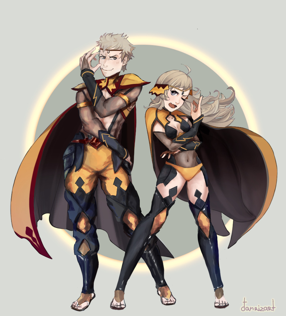 ahoge blonde_hair breasts covered_navel danrizart father_and_daughter fire_emblem fire_emblem_fates full_body grey_eyes long_hair medium_breasts nintendo odin_(fire_emblem) ophelia_(fire_emblem) panties pantyhose thighhighs toeless_footwear underwear yellow_panties