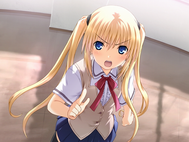 angry ayase_natsuki blonde_hair blue_eyes blush frills long_hair looking_up necktie nekonyan open_mouth pointing sakaagari_hurricane school_uniform thighhighs twintails