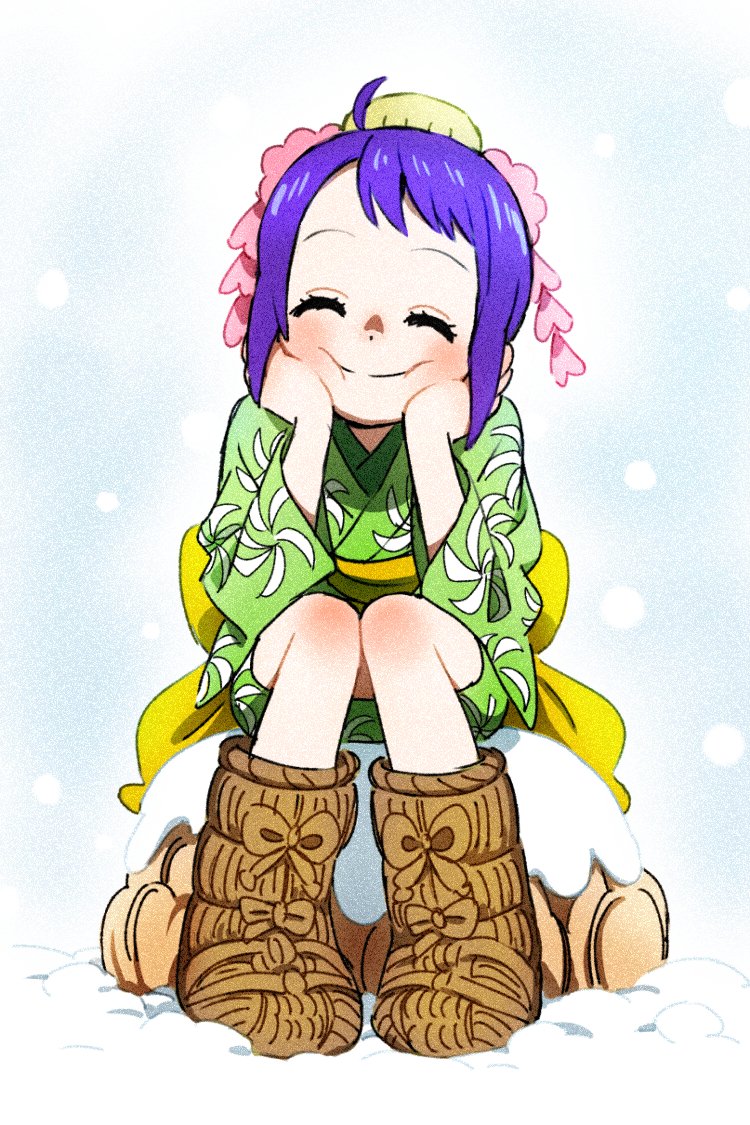 1girl blush brown_footwear child closed_eyes closed_mouth commentary_request facing_viewer full_body green_kimono hair_ornament hands_on_own_face japanese_clothes kimono kurozumi_tama long_sleeves one_piece purple_hair sash sitting smile snow snowing solo taro_(honyarara00) wide_sleeves