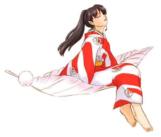 1girl barefoot black_hair breeze closed_eyes earrings feathers feet female_focus full_body hand_fan inuyasha japanese_clothes jewelry kagura_(inuyasha) kimono lipstick long_hair makeup mistywhite pointy_ears ponytail simple_background solo