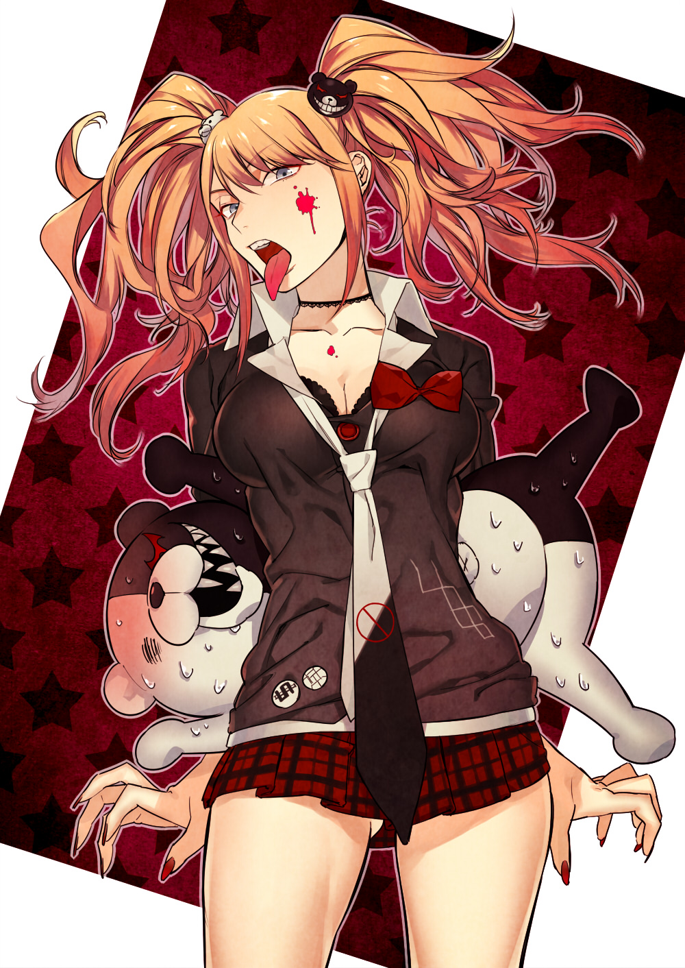 10s 1girl bad_id bad_pixiv_id blonde_hair blood blue_eyes breasts cleavage danganronpa_(series) danganronpa:_trigger_happy_havoc enoshima_junko fingernails hair_ornament highres long_fingernails long_hair long_tongue monokuma nail_polish open_mouth rururara sharp_fingernails smile spoilers tongue tongue_out twintails