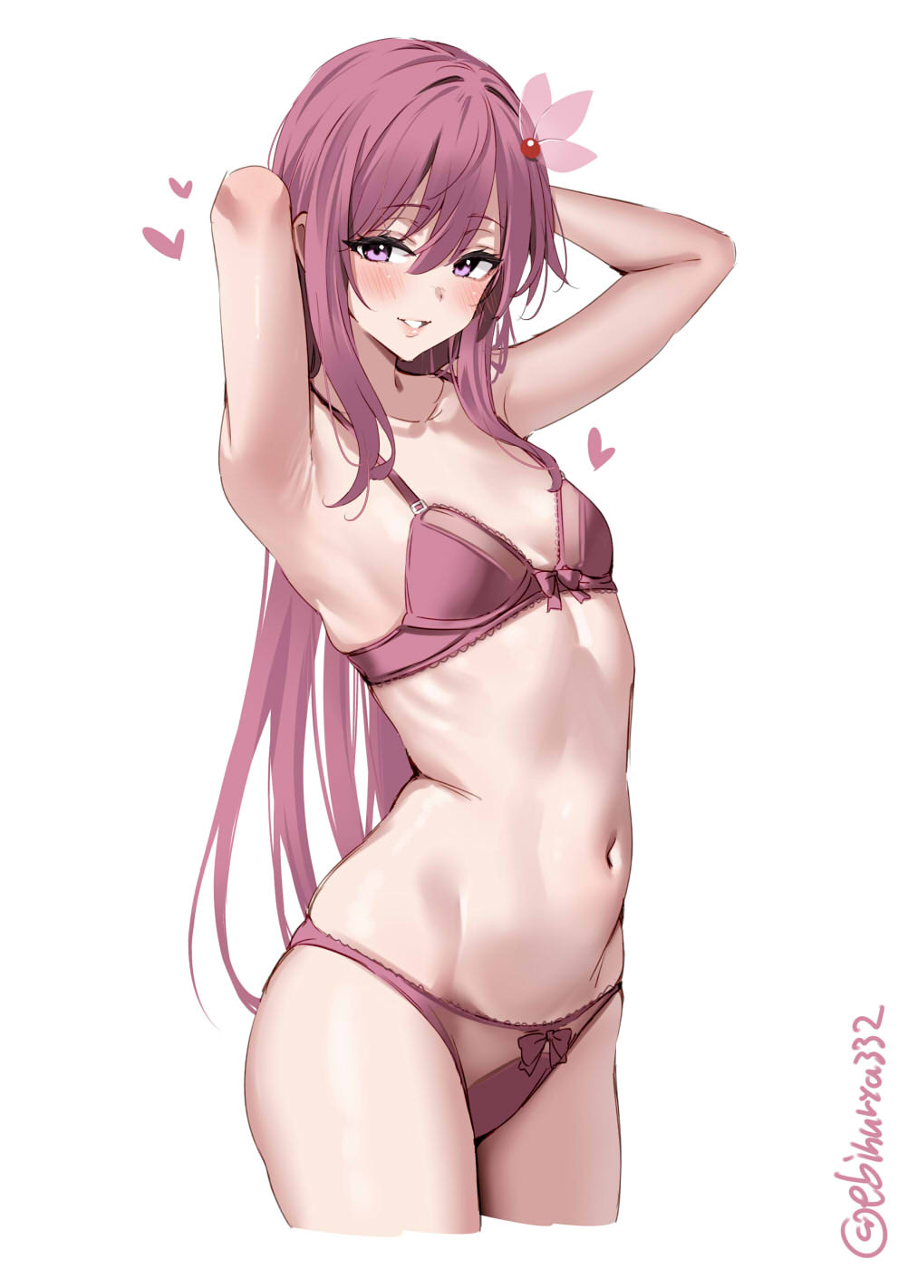 1girl armpits arms_behind_head arms_up artist_name bare_arms blush bow bow_bra bow_panties bra breasts commentary ebifurya hair_between_eyes hair_ornament highres kantai_collection kisaragi_(kancolle) long_hair looking_at_viewer navel one-hour_drawing_challenge panties pink_bra pink_eyes pink_hair pink_panties purple_bra purple_eyes purple_hair purple_panties simple_background small_breasts smile solo stomach twitter_username underwear underwear_only very_long_hair white_background