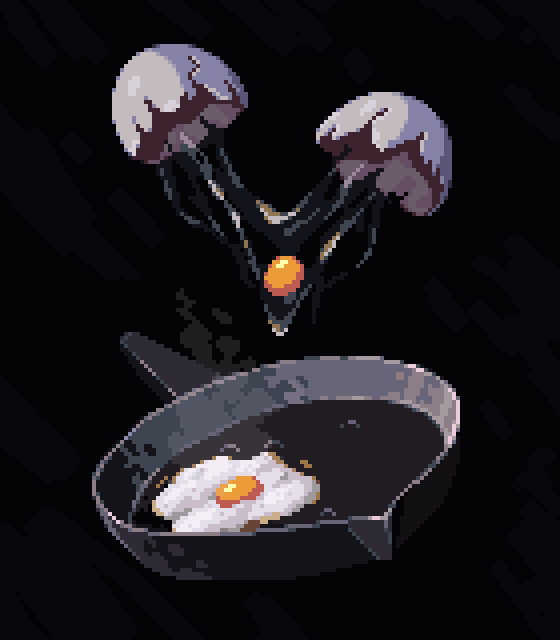 black_background broken_egg bubble commentary egg egg_yolk english_commentary food food_focus fried_egg frying_pan no_humans original pixel_art scilex steam