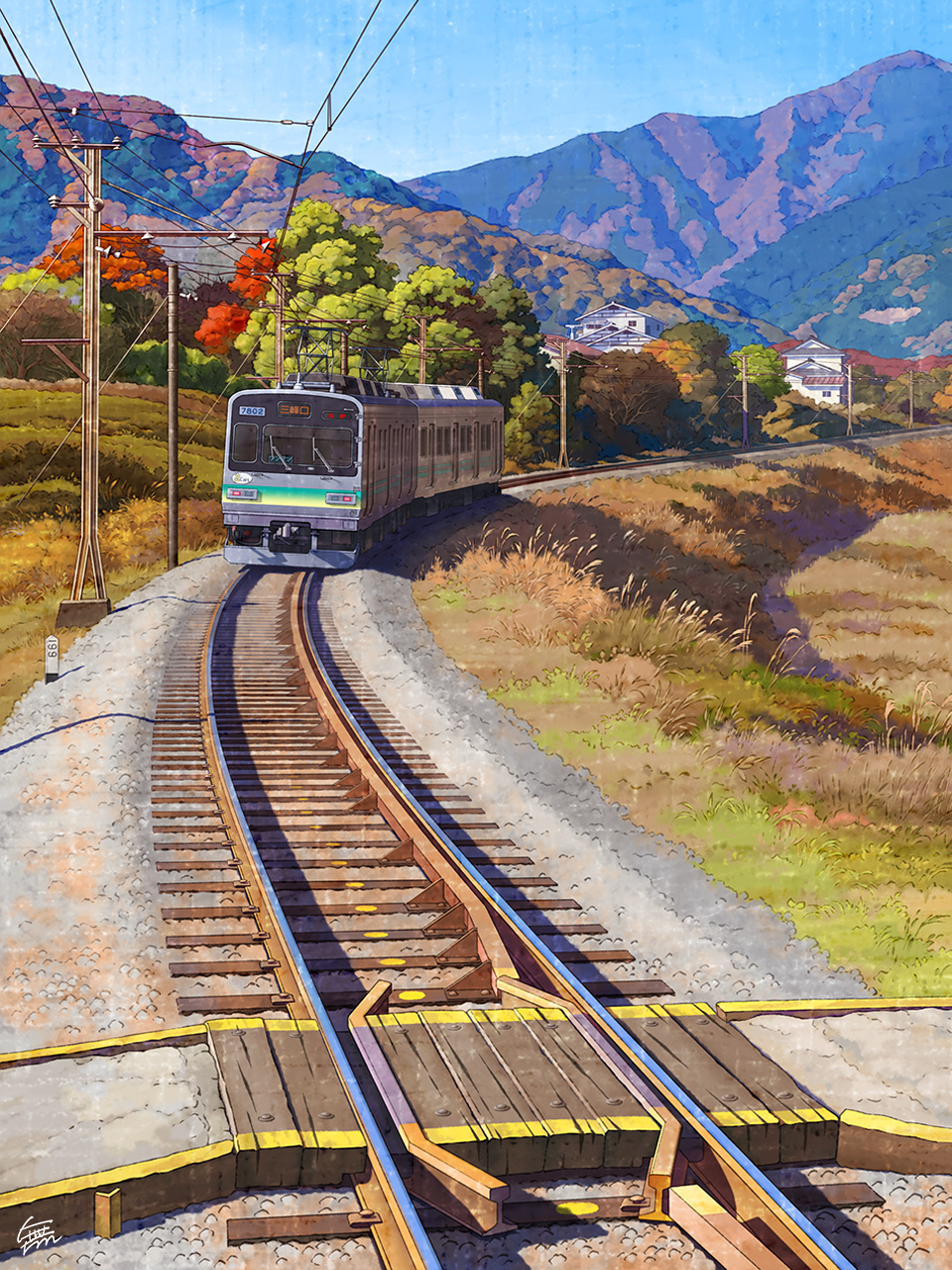 autumn blue_sky building commentary_request day grass highres house mountain mugumo_24k multiple_unit_train no_humans original outdoors power_lines railroad_tracks scenery sky train tree utility_pole