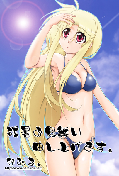 00s 1girl armpits bare_shoulders bikini blonde_hair blue_bikini collarbone day fate_testarossa female_focus hand_up looking_afar looking_up lyrical_nanoha mahou_shoujo_lyrical_nanoha mahou_shoujo_lyrical_nanoha_strikers namuru navel num red_eyes solo stomach summer sun sunlight swimsuit