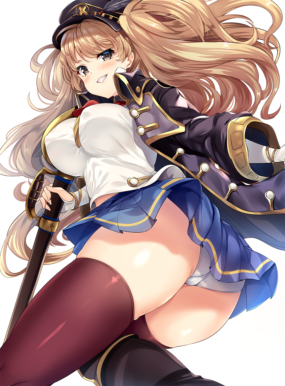 1girl blonde_hair blush breasts feathers granblue_fantasy hat highres hinata_sora large_breasts long_hair monika_weisswind panties peaked_cap pleated_skirt skirt solo sword thighhighs twintails underwear weapon white_background yellow_eyes