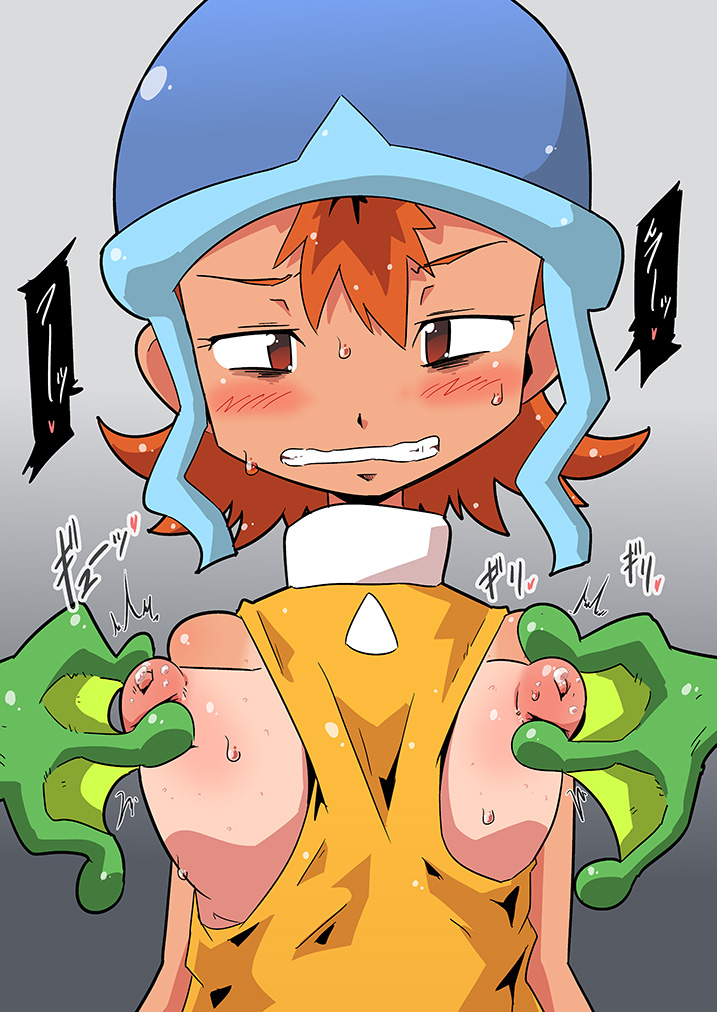 1girl blush digimon digimon_adventure female_focus gekomon hat nipples orange_hair short_hair takenouchi_sora