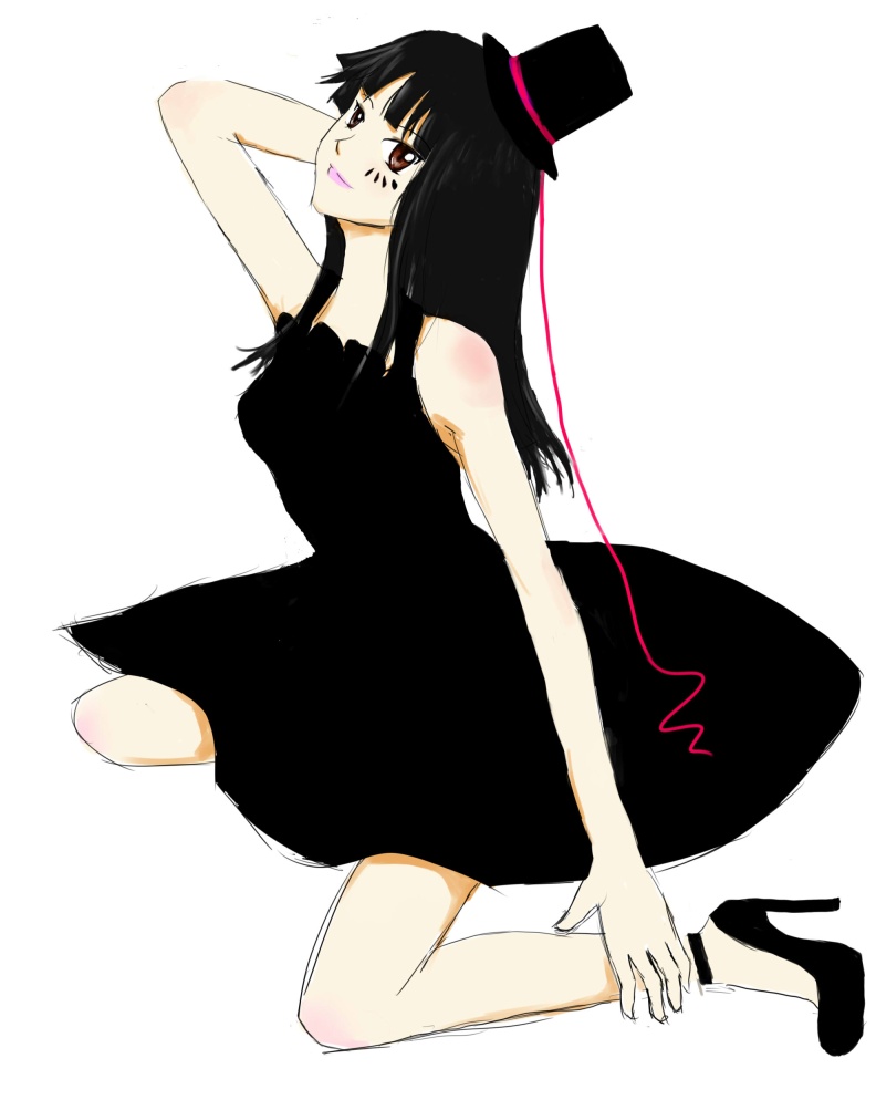 00s 1girl akiyama_mio black_hair brown_eyes don&#039;t_say_&quot;lazy&quot; dress female_focus harpseal hat high_heels k-on! lipstick long_hair makeup mini_hat mini_top_hat no_legwear shoes solo top_hat