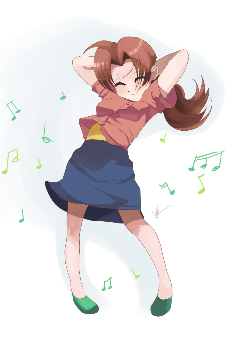 1girl arms_behind_head arms_up blush breasts brown_hair creatures_(company) dancing delia_ketchum full_body game_freak happy long_hair musical_note nintendo phil_dragash pokemon pokemon_(anime) pokemon_(classic_anime) ponytail simple_background skirt smile solo white_background