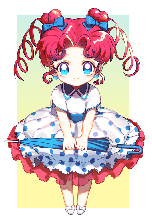 1990s_(style) 1girl bishoujo_senshi_sailor_moon bishoujo_senshi_sailor_moon_sailor_stars bishoujo_senshi_sailor_moon_stars blue_eyes bubble_skirt chibi_chibi closed_umbrella double_bun drill_hair earrings female_focus full_body hair_bun heart heart_earrings heart_hair_bun holding holding_umbrella jewelry looking_at_viewer parted_bangs polka_dot polka_dot_skirt red_hair retro_artstyle shirt shoes short_hair skirt smile solo somkko standing twin_drills umbrella white_footwear white_shirt