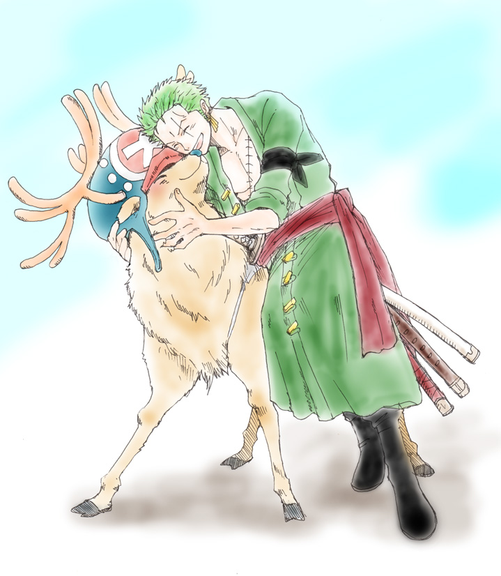 2boys antlers bandana green_hair hat horns hug male_focus multiple_boys one-eyed one_eye_closed one_piece open_clothes reindeer robe roronoa_zoro sabaody_archipelago sash scabbard scar sheath sheathed smile sword tony_tony_chopper weapon x_(symbol)