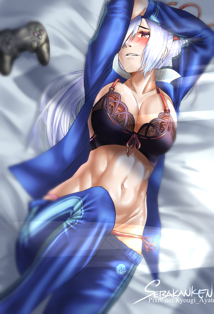 1girl armpits arms_up black_bra blue_jacket blue_pants blush bra breasts cleavage collarbone commentary_request dutch_angle fate/grand_order fate_(series) hair_over_one_eye hair_ribbon highres jacket large_breasts lingerie long_hair looking_at_viewer lowleg lowleg_panties lying muscular navel on_back on_bed open_clothes open_jacket panties pants pink_panties pixiv_id playstation_controller ponytail red_eyes red_ribbon ribbon sebakanken signature silver_hair solo sunlight tomoe_gozen_(fate) track_jacket track_pants underwear