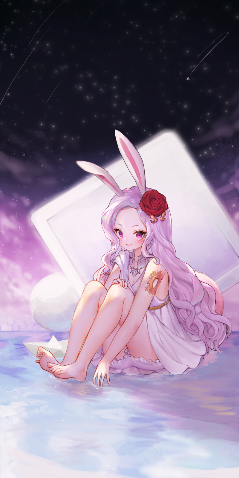 1girl animal_ears annyeongbangawo barefoot blade_&amp;_soul bloomers breasts rabbit_ears rabbit_tail cleavage dress feet flower full_body hair_flower hair_ornament highres knees_up legs long_hair lyn_(blade_&amp;_soul) night night_sky outdoors pink_eyes pink_hair shooting_star sitting sky sleeveless sleeveless_dress small_breasts soles solo star_(sky) starry_sky tail toes underwear very_long_hair water white_dress