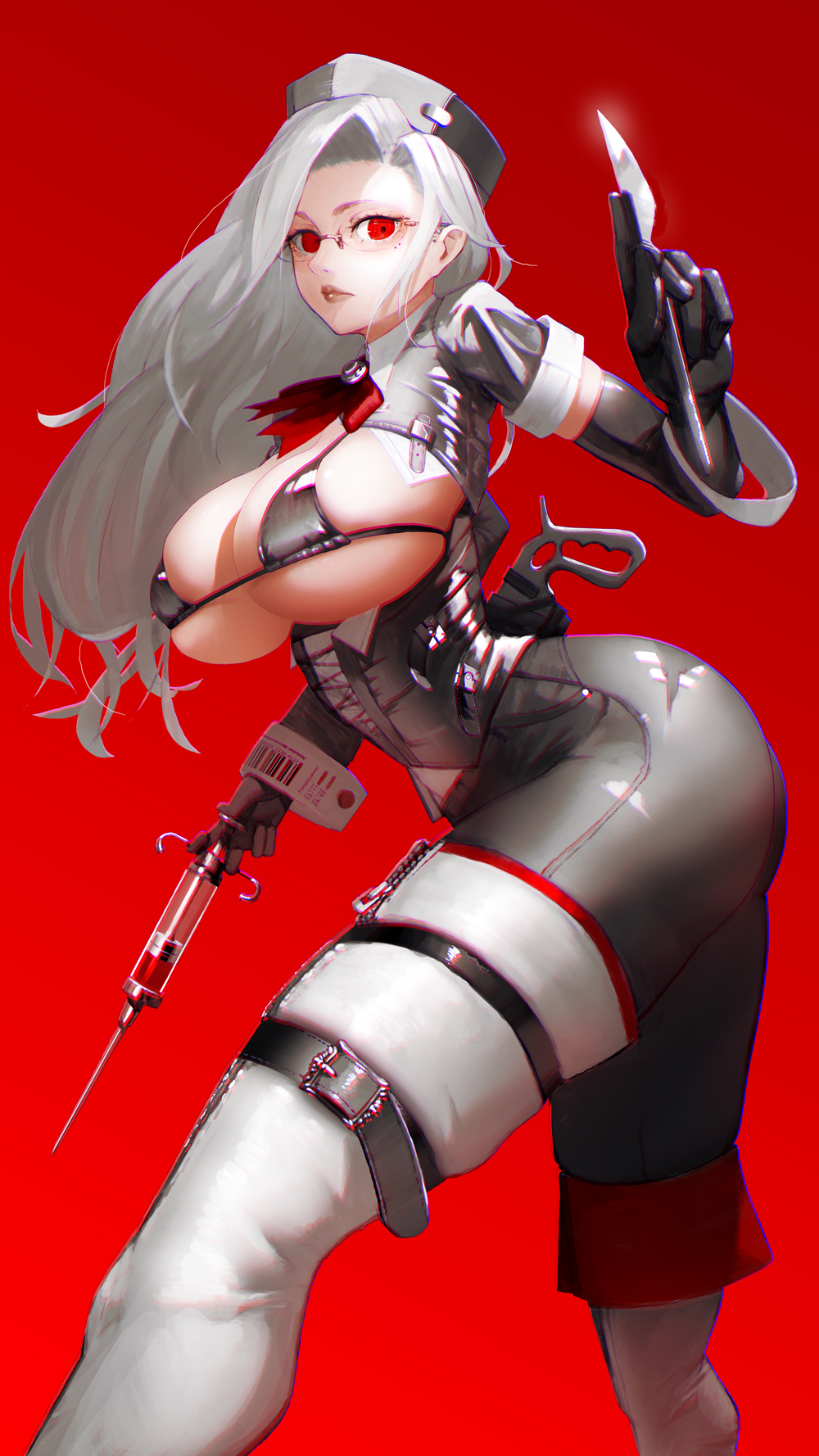 1girl barcode bikini black_bikini black_gloves breasts elbow_gloves glasses gloves hat highres hiragana_oufu holding holding_needle long_hair needle nurse nurse_cap original red_background red_eyes red_neckwear scalpel sheath sheathed silver_hair simple_background sleeve_rolled_up solo swimsuit thigh_strap weapon white_legwear