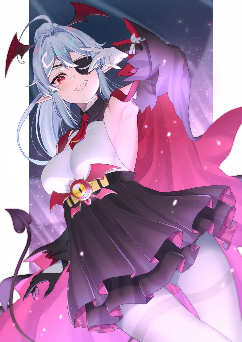 1girl armpits black_gloves black_skirt breasts demon_tail eyepatch geega_(vtuber) gloves grey_hair head_wings high-waist_skirt long_hair necktie pleated_skirt pointy_ears red_eyes red_necktie red_wings shirt short_necktie skirt sleeveless sleeveless_shirt solo tail ursn_e virtual_youtuber vshojo white_gloves white_shirt wings