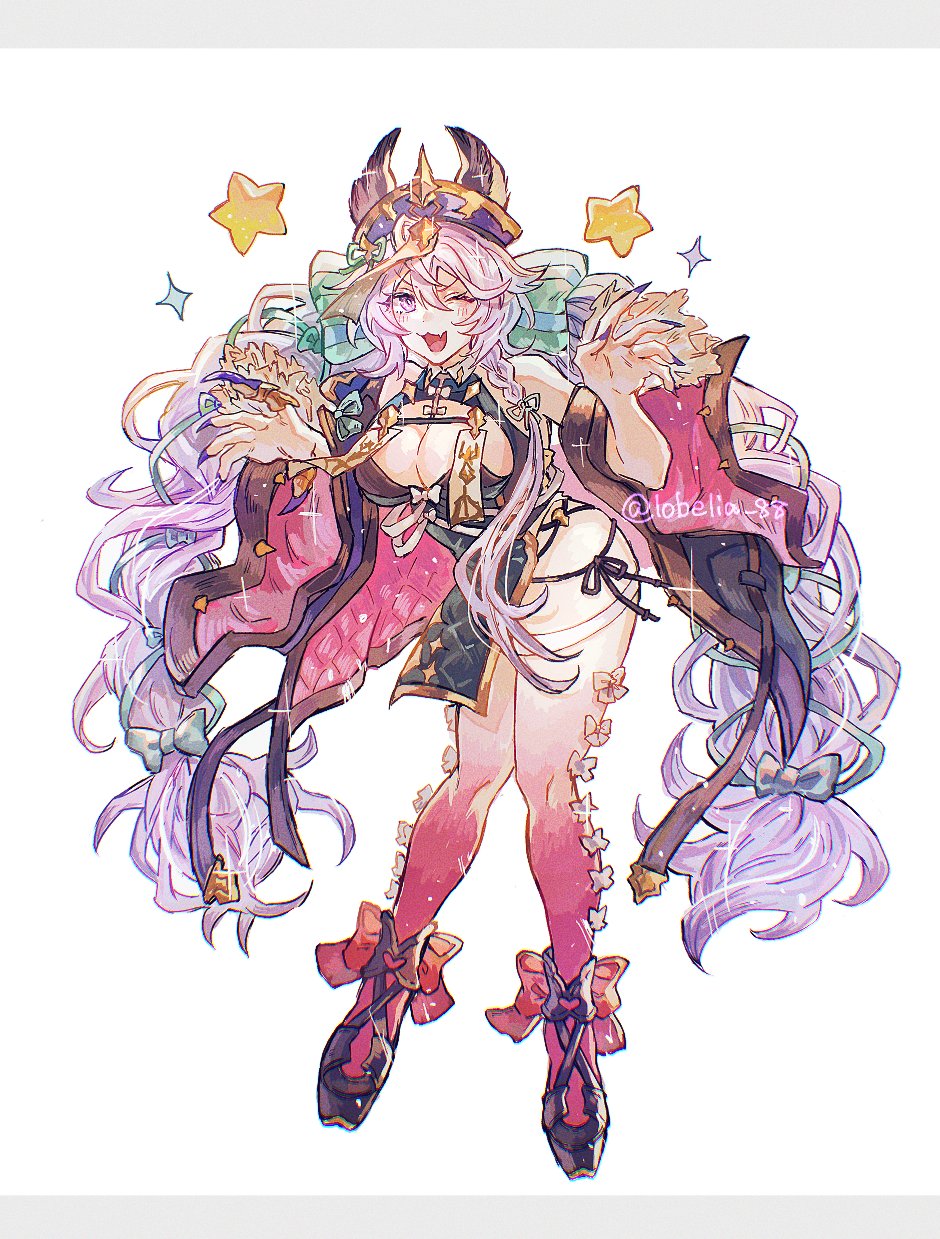 1girl animal_ears bow bow_legwear braid breast_curtains breasts china_dress chinese_clothes claw_pose cleavage dress fingernails full_body gradient_legwear granblue_fantasy hair_bow halloween_costume highres jiangshi jiangshi_costume large_breasts long_hair low_twin_braids official_alternate_costume ofuda ofuda_on_head one_eye_closed open_mouth pink_thighhighs purple_eyes purple_hair sakuraba_taku satyr_(granblue_fantasy) satyr_(halloween)_(granblue_fantasy) sharp_fingernails smile solo star_(symbol) thighhighs twin_braids very_long_fingernails very_long_hair